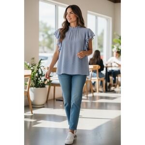 Chic Soul Dusty Blue Swiss Dot Ruffle Sleeve‎ Mock Neck Blouse Top Plus Size 2XL